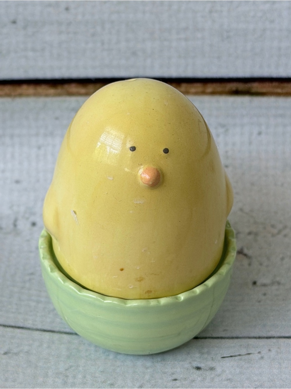 Yellow Ceramic Chick Figurine with Green Nest - salt and pepper shaker set